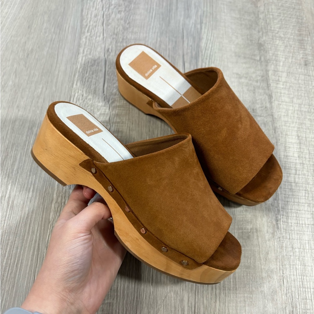 Dolce Vita Brown Suede Wooden Clog Mules - Picture 1 of 9